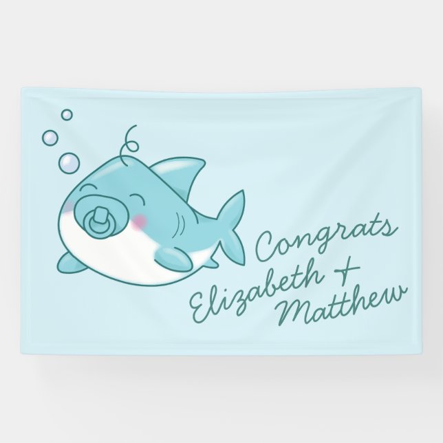 Lona Cute Shark Baby Shower Kawaii Blue Boy (Horizontal)