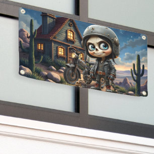 Lona Cute Skull Biker Paseo bajo la luz de la luna po