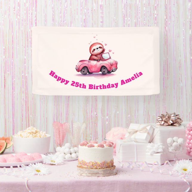 Lona Cute Sloth Driving a Pink Convertible Birthday (Fiesta)
