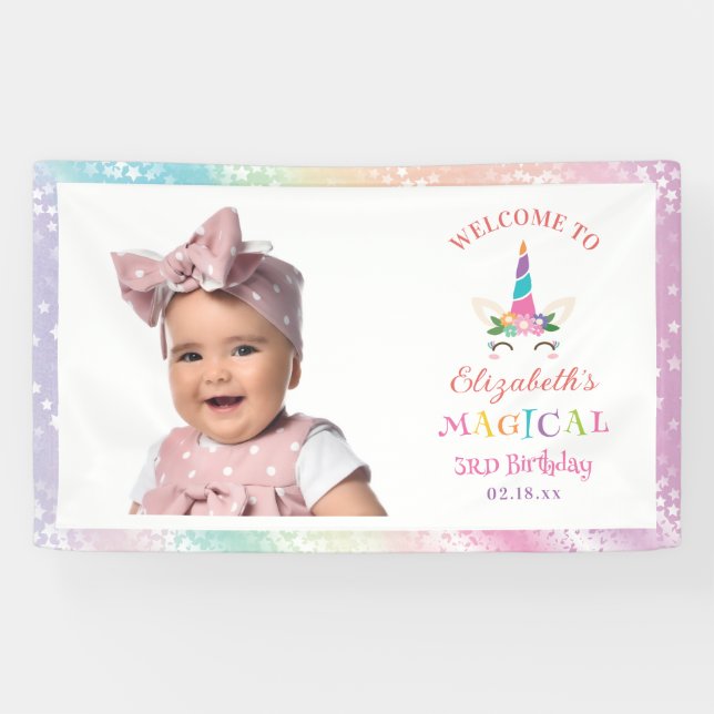 Lona Cute Unicornio de Arcoíris Mágico Cumpleaños Bienv (Horizontal)