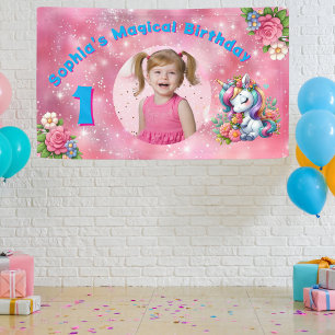 Lona Cute Whimsical Floral Unicornio Girly 1er cumpleañ