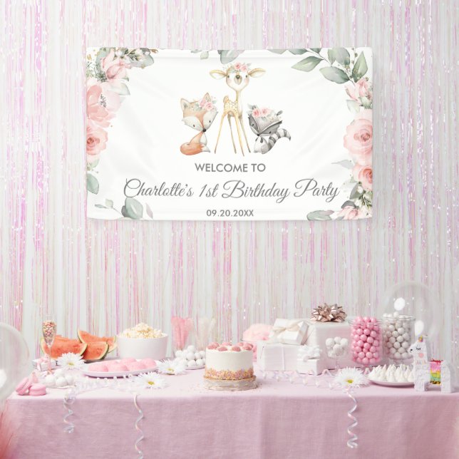Lona Cute Woodland Animales Floral Birthday Backdrop (Fiesta)