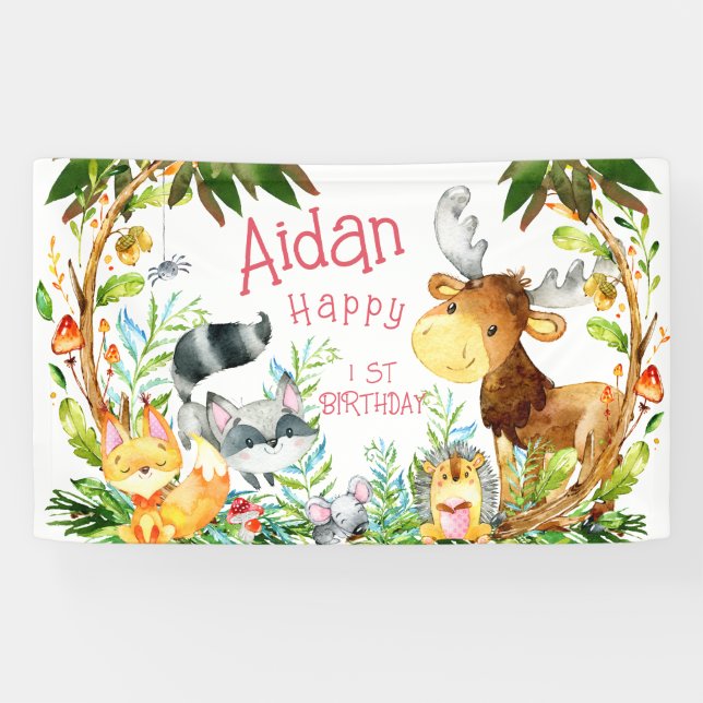 Lona Cute Woodland Forest Animals Acuarela Cumpleaños (Horizontal)