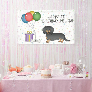 Lona Dachshund de pelo largo negro y fuego Feliz Cumple