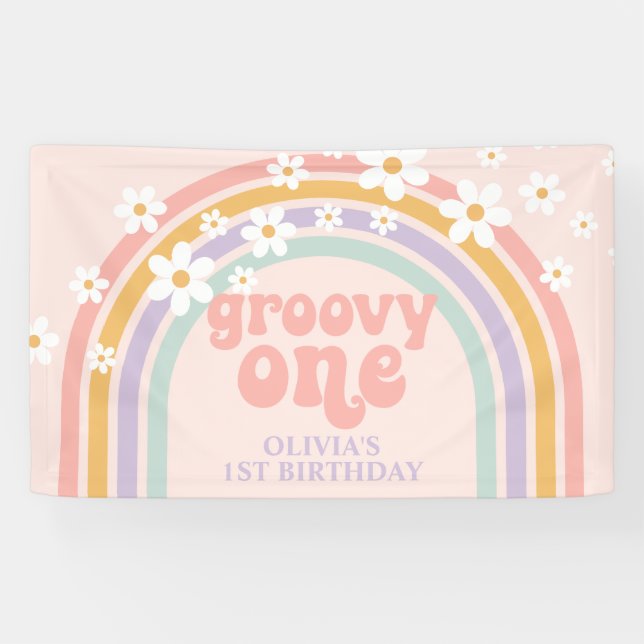 Lona Daisy Groovy Un arcoiris Pastel primer cumpleaños (Horizontal)