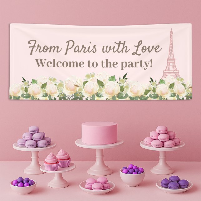 Lona De París Amor Torre Eiffel Flor Blanca Rosa ("From Paris with Love" blush pink Eiffel Tower banner)