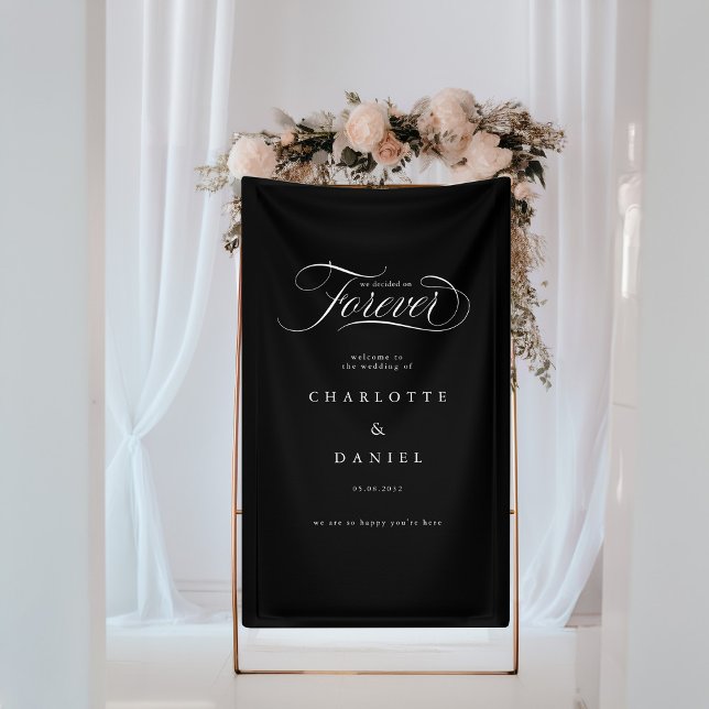 Lona ¡DECIDIMOS POR SIEMPRE! Banner elegante y Boda (WE DECIDED ON FOREVER! Elegant, Black & White Wedding Banner with your name and date.)