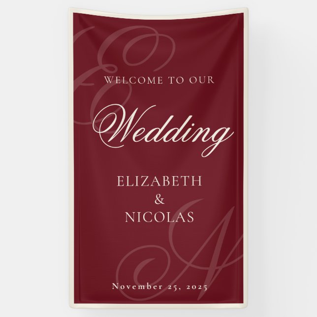 Lona Deep Burgundy Monogram Calligraphy Wedding Welcome (Vertical)