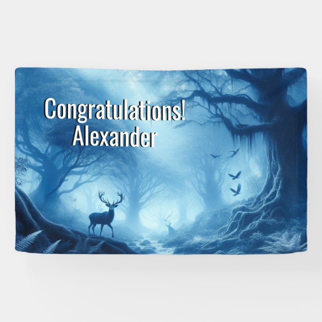 Lona Deer en bosque oscuro de la niebla azul Personaliz (Horizontal)
