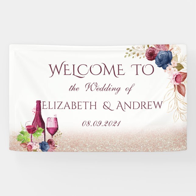 Lona Degustación de vino elegante flores borgoña boda (Horizontal)