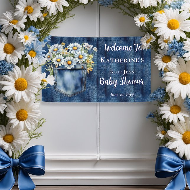 Lona Denim Blue Jean | Daisies Floral Baby Shower (Blue Jean Pocket Denim and Daisies Baby Shower Banner)