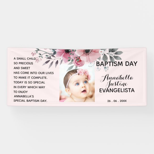 Lona DÍA DE BAPTISMO Floral Fiesta de eventos suave ros (Horizontal)