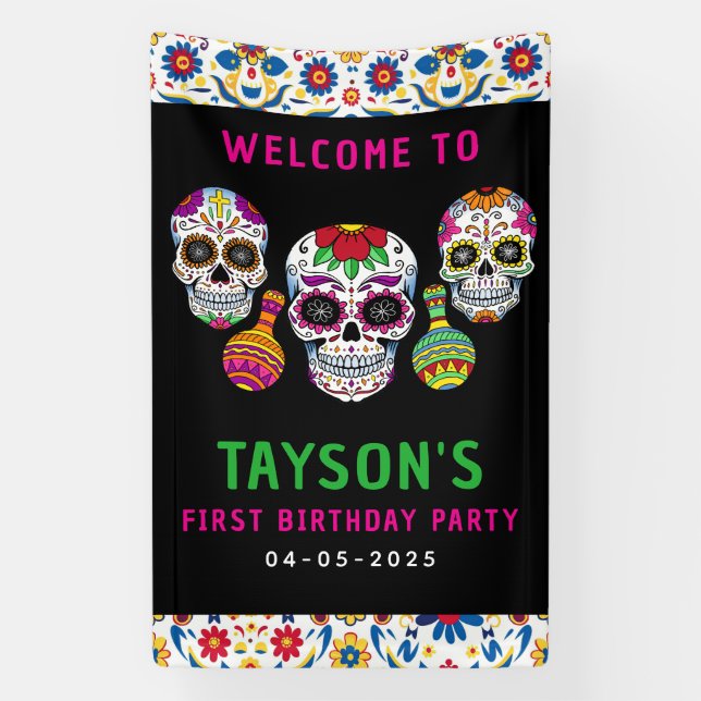 Lona Día de Calaveras de Azúcar Cumpleaños 1er Fiesta C (Vertical)