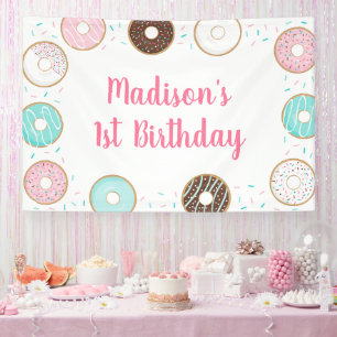 Lona Día de cumpleaños de Donut Rosado Sprinkles