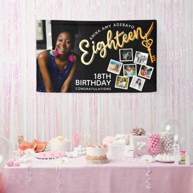 Lona Dieciocho fotos de oro 18º cumpleaños sobre negro (Fiesta)