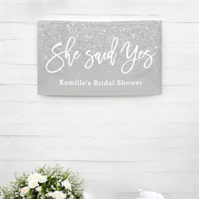Lona Dijo que sí purpurina de plata gris ducha de novia (She said yes bridal shower gray silver glitter banner)