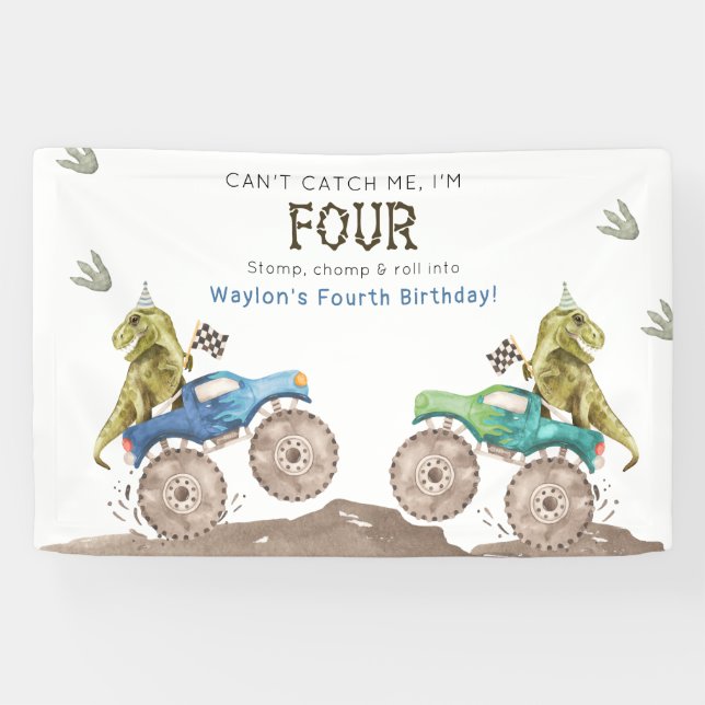 Lona Dinosaur & Monster Truck 4th Birthday Vinyl Banner (Horizontal)