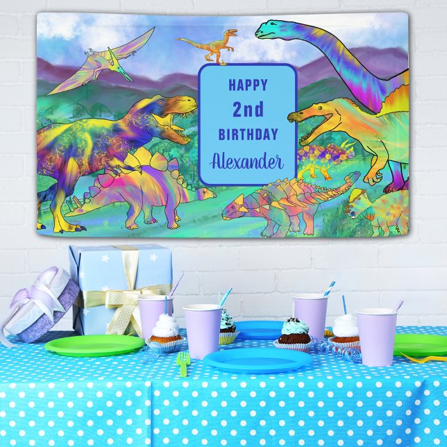 Lona Dinosaurio colorido 2º cumpleaños Personalizado (Colorful dinosaur 2nd birthday party banner T-Rex brontosaurus stegosaurus pterodactyl velociraptor )