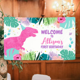 Lona Dinosaurios Fondo T-Rex Chica Dino Rosa Cumpleaños