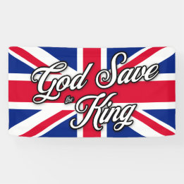 Lona "Dios salve al rey" sobre la bandera británica de 