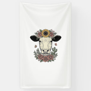 Lona diseño de grabado vintage de cabeza de vaca floral