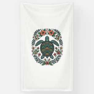 Lona Diseño vectorial floral de tortuga marina vintage_