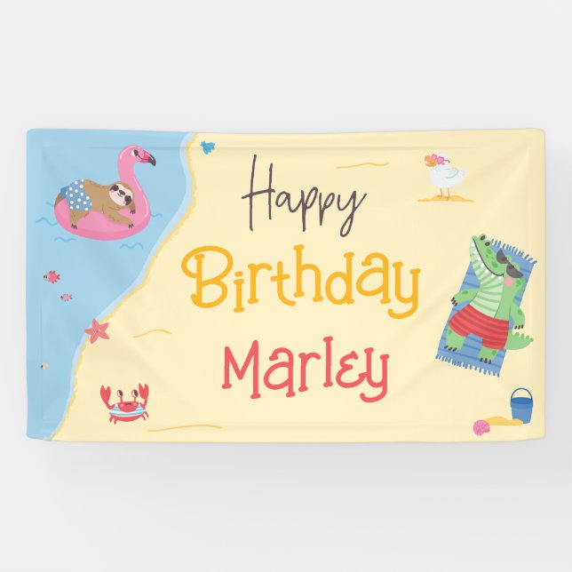 Lona Diversión en los animales de Sun Beach Feliz cumpl (Horizontal)