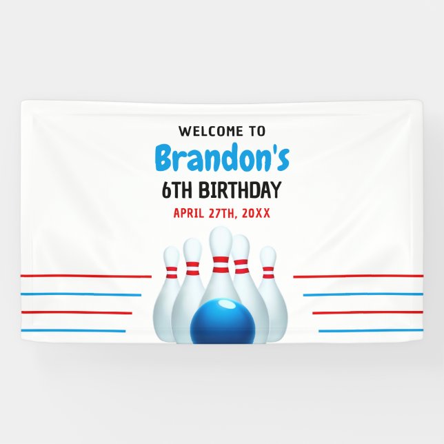 Lona Divertido Blue & Red Bowling Kids 6º cumpleaños (Horizontal)