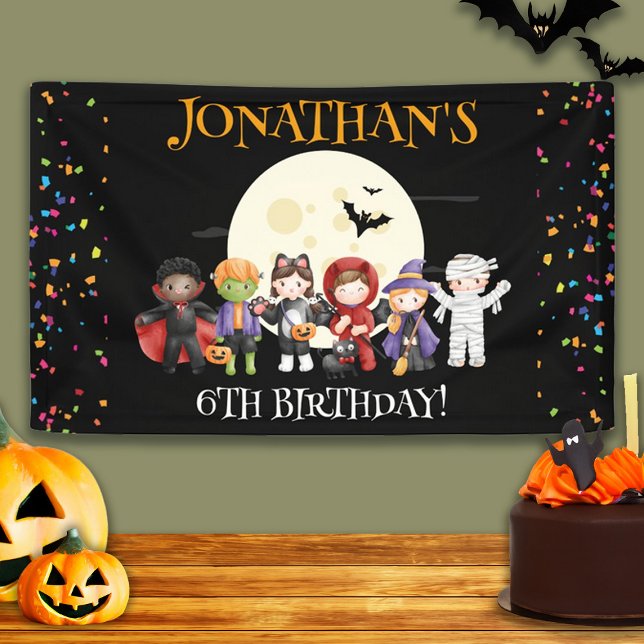 Lona Divertidos niños de Halloween disfrazan fiesta de  (Fun Halloween Kids Costume Birthday Party Banner)