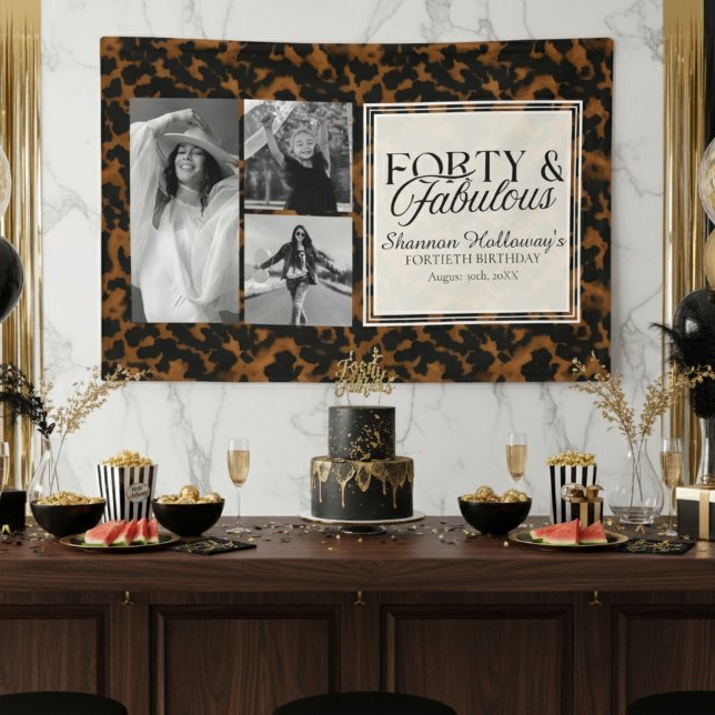 Lona Diviértete Cumpleaños de Tortuga Cuarenta y Fabulo (This Fun Tortoise Shell Birthday Forty and Fabulous birthday photo banner is fun for all!)