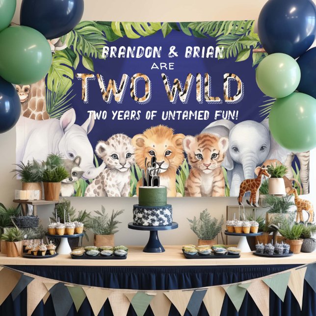 Lona Doble marina azul dos salvajes Safari fondo temáti (Twins, Navy Blue Safari Animals Birthday backdrop)