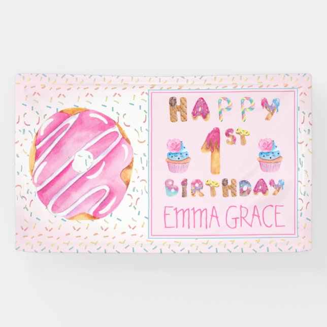 Lona Donuts de Chicas amables | Cupcakes Happy 1º cumpl (Horizontal)