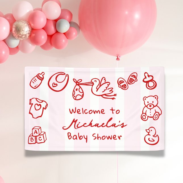 Lona Doodle Caprichoso de Baby Shower Rosa y Rojo Dibuj (Subido por el creador)