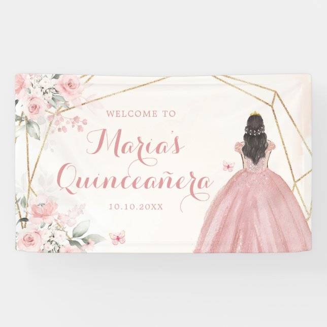 Lona Dorado Rubor Oro Geométrico Floral Quinceañera Gra (Horizontal)