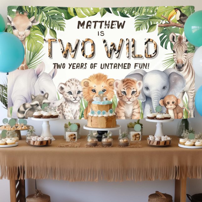 Lona Dos animales salvajes de la jungla fondo del segun (Two Wild, boy 2nd birthday banner)