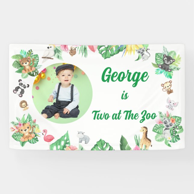 Lona Dos en The Zoo Safari Jungle Kids Foto Cumpleaños (Horizontal)