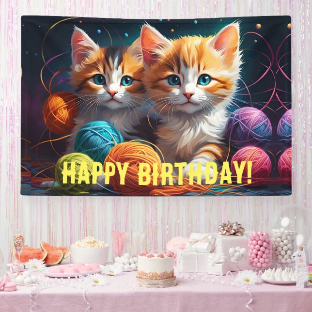 Lona Dos gatitos de corte con bolas de hilo Cumpleaños (Fiesta)