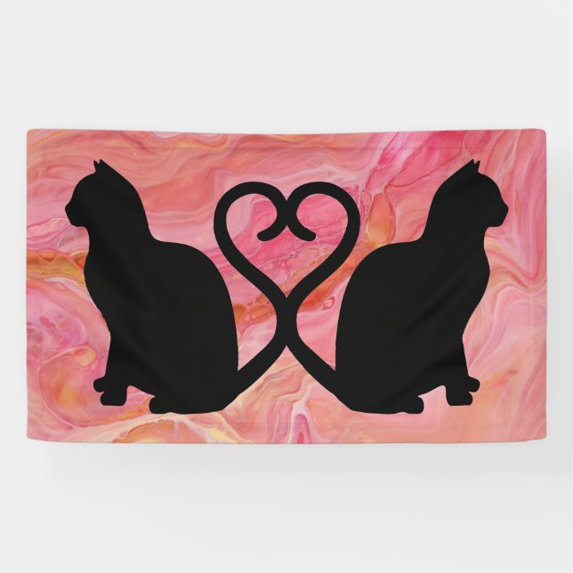 Lona Dos gatos de silueta cardíaca en mármol rosa (Horizontal)