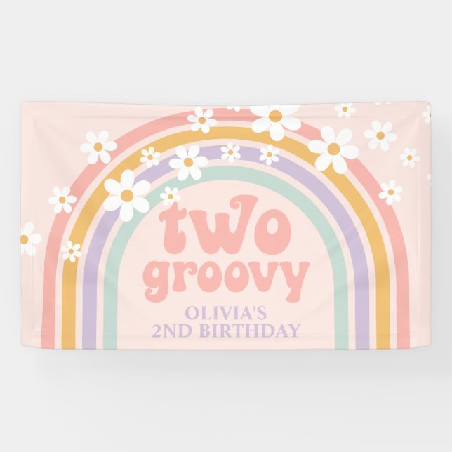 Lona DOS Groovy Pastel arco iris 2º cumpleaños (Horizontal)