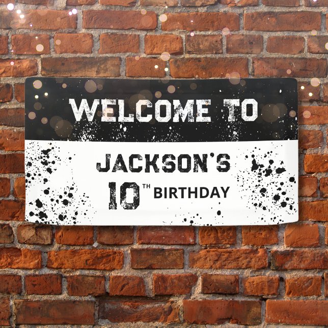 Lona Double Digits Black Grunge 10th Birthday Welcome (Boys Grunge 10th Birthday Welcome Banner)