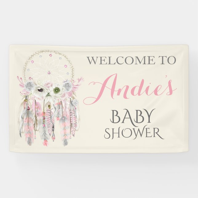 Lona Dream Catcher Pink Gray Ivory Feathers (Horizontal)