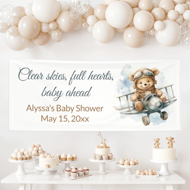 Lona Ducha de bebé de osito de avión antiguo (Clear Skies Full Hearts Baby Ahead teddy bear pilot baby shower banner)