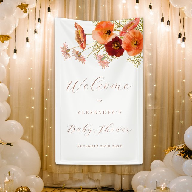 Lona Ducha de Bebé Personalizada Floral Boho Otoño (Boho fall floral personalized baby shower welcome banner Watercolor wildflower elegant modern script)