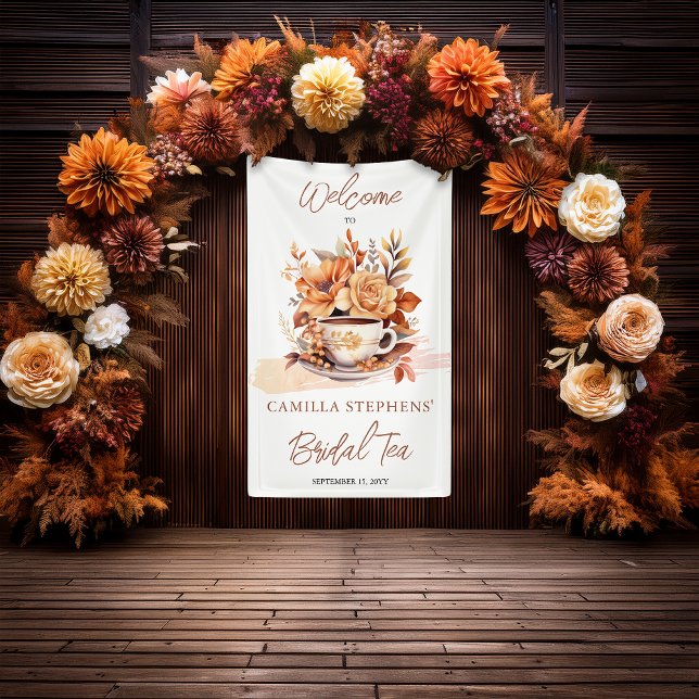 Lona Ducha de Novia de Taza de Té Cottage Core Floral d (Fall Floral Cottage Core Teacup Bridal Tea Shower Vertical "Welcome" Banner)