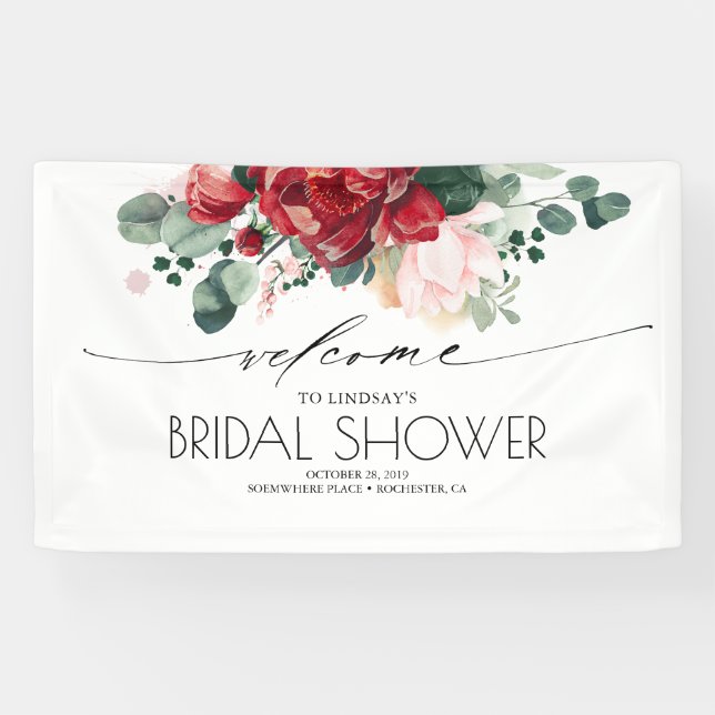 Lona Ducha de novia floral rosa y borgoñona (Horizontal)
