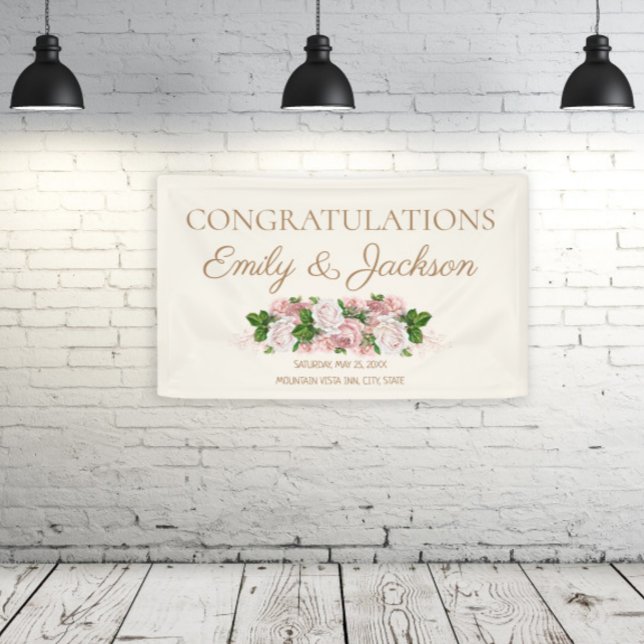 Lona Ducha nupcial de pareja floral rosa Rubor (Pink vintage floral couple's bridal shower "congratulations" banner)