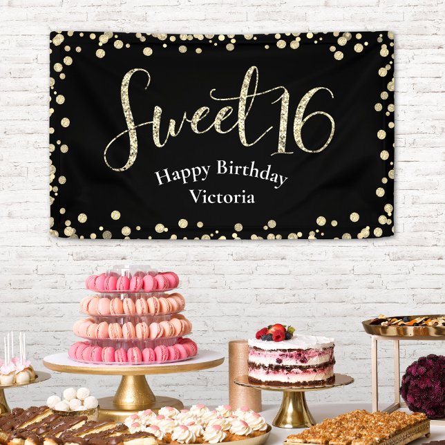 Lona Dulce 16 Purpurina de oro negro moderno cumpleaños (Subido por el creador)