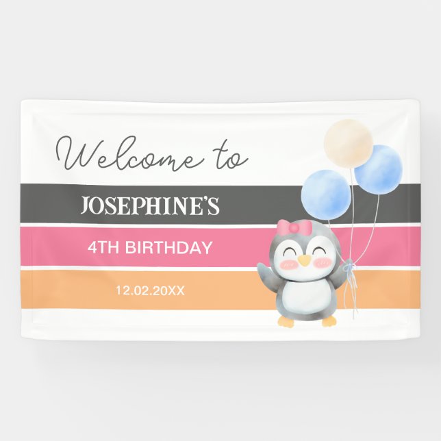 Lona Dulce dulce Penguin Balloon Chica Bienvenida cumpl (Horizontal)