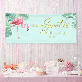 Lona Dulce Flamingo Tropical 16 Feliz cumpleaños ID922