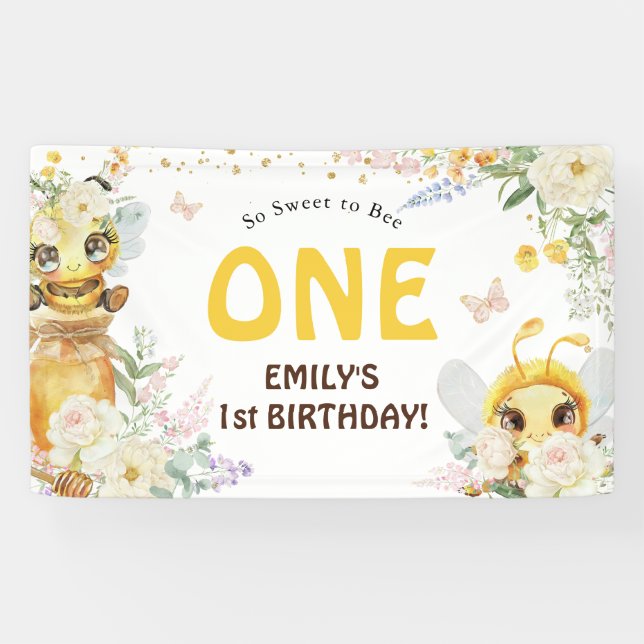Lona Dulce para Abeja UN 1er Cumpleaños (Horizontal)